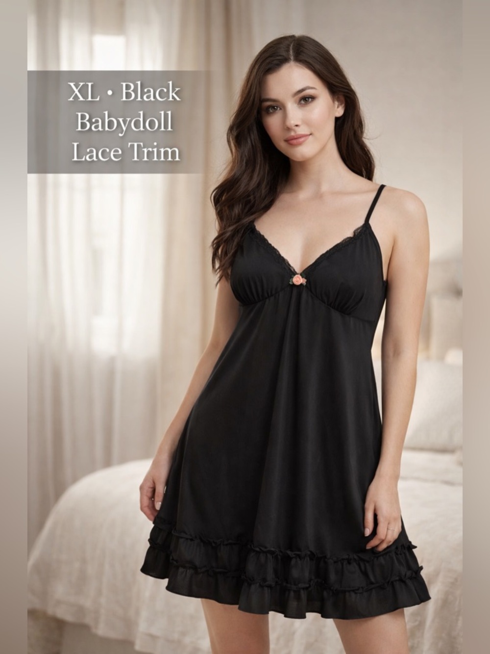 Black Babydoll Chemise XL Slinky Stretch Lace Trim Ruffle Hem